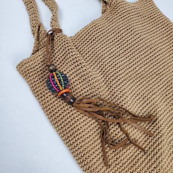 INC International Concepts Women's Beige Tote Bag Knit Beaded Double Handle - Picture 5 of 9